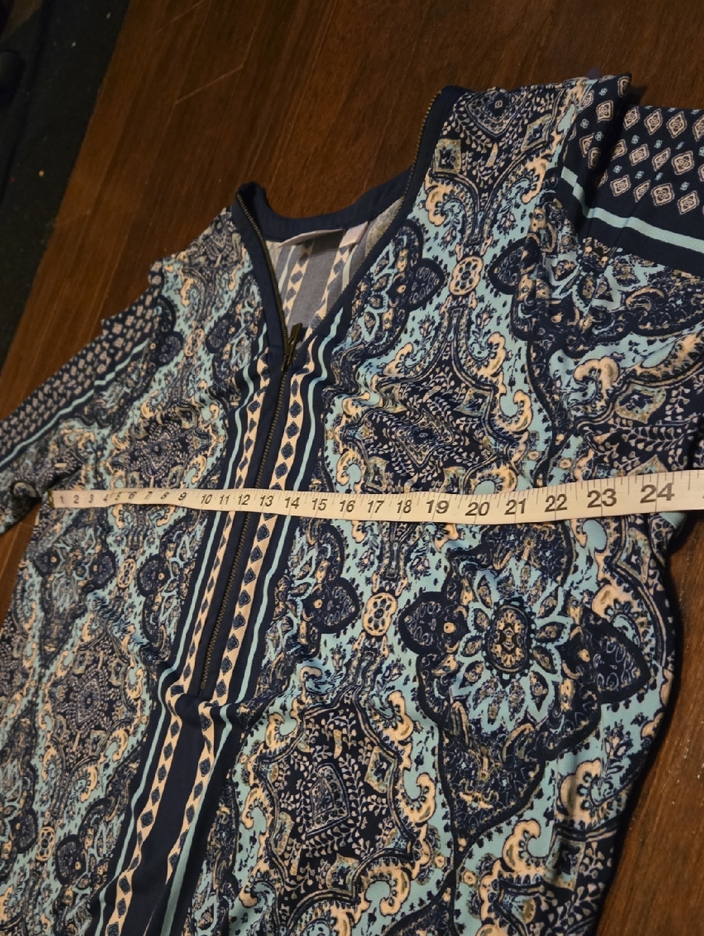 ⛱️Belle Kim Gravel Aqua Print Zip Front 3/4 Sleeve Top Size XL - Picture 7 of 9